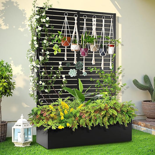 Trellis for Climbing Plants Outdoor,Mental Garden Bed with Drainage Holes Outdoor Privacy Screen Design Tall planters for herb Flower Vegetables 73"x47"x16", Black-Louvered