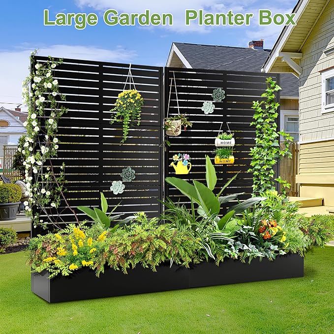Trellis for Climbing Plants Outdoor,Mental Garden Bed with Drainage Holes Outdoor Privacy Screen Design Tall planters for herb Flower Vegetables 73"x47"x16", Black-Louvered