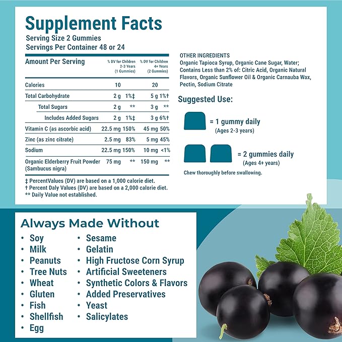 Hyland's Kids Organic Elderberry Plus Gummies, 48 Vegan 2)