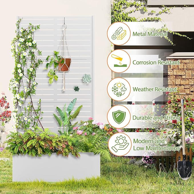 Trellis for Climbing Plants Outdoor,Mental Garden Bed with Drainage Holes Outdoor Privacy Screen Design Tall planters for herb Flower Vegetables 73"x35"x16", White-Louvered