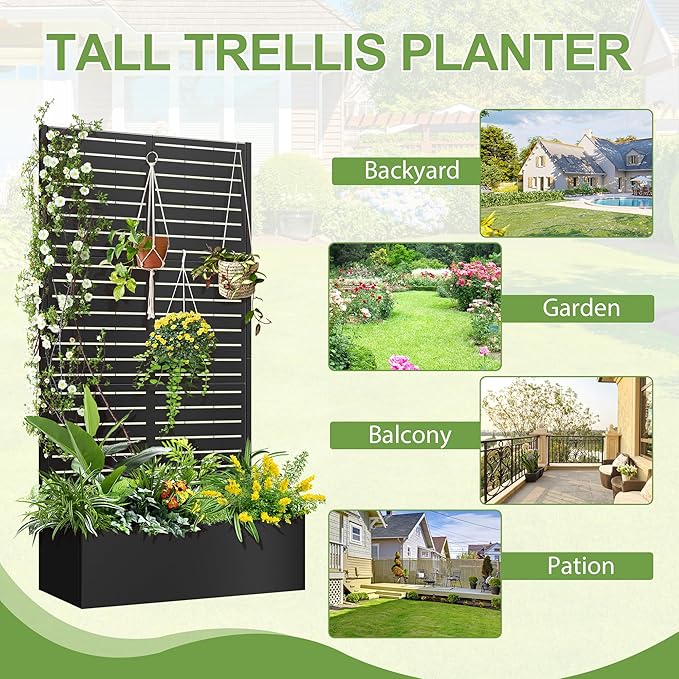 Trellis for Climbing Plants Outdoor,Mental Garden Bed with Drainage Holes Outdoor Privacy Screen Design Tall planters for herb Flower Vegetables 73"x35"x16", Black-Louvered