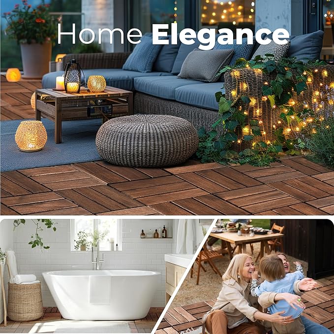 Pack of 10 Deck Tiles - 12"x12" Interlocking Natural Solid Acacia Wood for Outdoor & Indoor, Patio Garden, Balcony, Poolside - Dark Brown Color