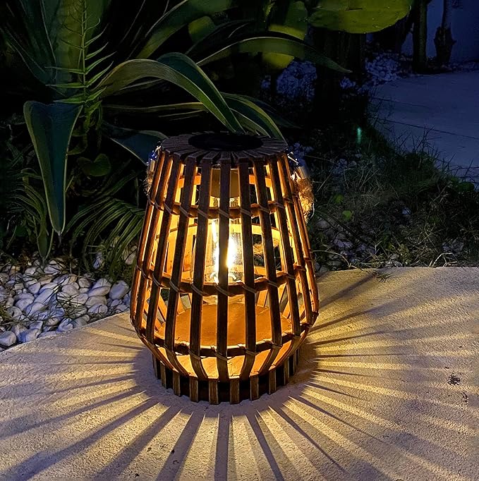 Solar Hanging Lantern Outdoor , Waterproof Natural Bamboo Lanterns with Handle Edison Bulb Design Solar Table Lamp Lights Decoration for Courtyard Patio Garden Farmhouse
