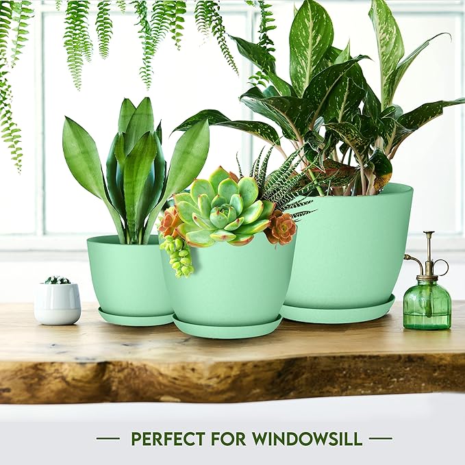 Utopia Home - Plant Pots Indoor with Drainage - 7/6.6/6/5.3/4.8 Inches Home Decor Flower Pots for Indoor Planter - Plastic Planters for Indoor Plants, Cactus, Succulents Pot (Mint, Pack of 10)