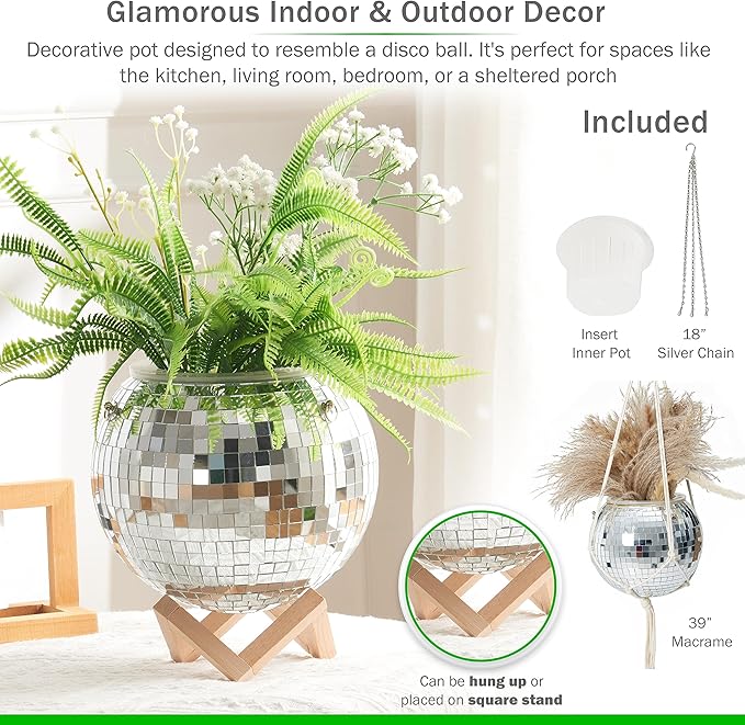 Eekzy Disco Ball 8" Plant Pot - Hanging Planter with Macrame Rope, Square Stand, Silver Chain & Inner Pot - Indoor & Outdoor Decor
