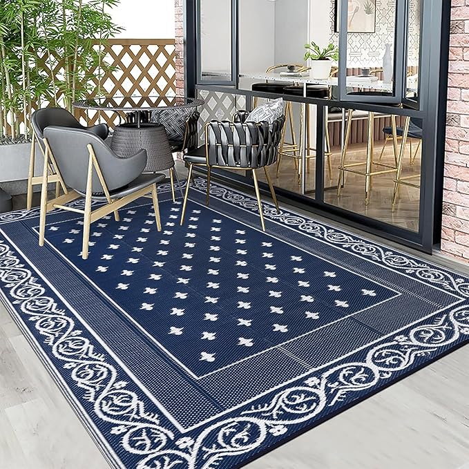 Pauwer Waterproof Outdoor Rug 8x10, Reversible Plastic Straw Patio Camping Rug, Indoor Outdoor RV Mat Carpet for Deck, Camper, Porch, Balcony, Backyard, Picnic, Bordered Navy