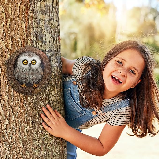 Baby Owl Resin Tree Face, Owlet Tree Hugger, Outdoor Sculpture for Tree Decorations, Whimsical Owl Garden Ornament, Tree Statue Peeker, Patio Yard Lawn Porch Decor, Durable & Waterproof Garden Present