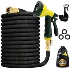 J&B XpandaHose 100ft Expandable Garden Hose with Holder - Heavy Duty Superior Strength 3750D - 4 -Layer Latex Core - Extra Strong Brass Connectors and 10 Spray Nozzle w/Storage Bag (Black 100)
