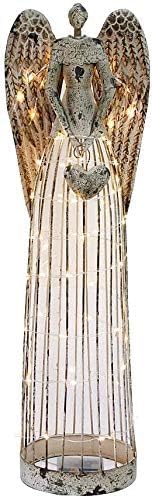Morning View Vintage Metal Angel Garden Statue with Heart Handbag for Indoor Outdoor Yard Lawn Patio Art Decor with LED Lights String(Style B)