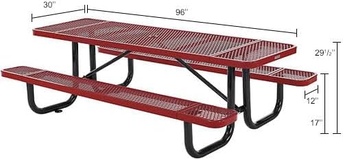 Global Industrial 8’L Rectangular Picnic Table, Expanded Metal, Red Thermoplastic Coating, Attached Benches, 1-1/2” Umbrella Pole Hole, Outdoor-Rated, 1000 lb Capacity, 96” x 30” Tabletop