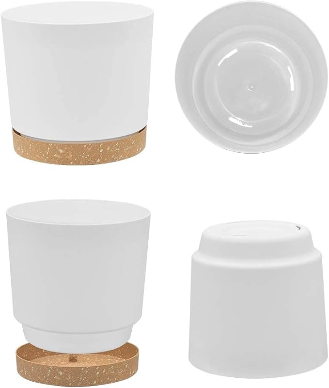 ZMTECH Set of 6 Self Watering Plastic Plant Pots, 6.5in Diameter x 6.1in Height, Modern Decorative Flower Pots for Indoor Outdoor House Plants, Succulents, Flowers (White+Green+Blue)