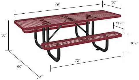 Global Industrial 8'L Rectangular Picnic Table, ADA Compliant, Expanded Metal, Red Thermoplastic Coating, Attached Benches, 1-1/2” Umbrella Pole Hole, Outdoor-Rated