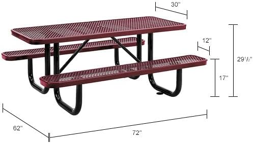 Global Industrial 6’L Rectangular Picnic Table, Expanded Metal, Red Thermoplastic Coating, Attached Benches, 1-1/2” Umbrella Pole Hole, Outdoor-Rated, 1000 lb Capacity, 72” x 30” Tabletop