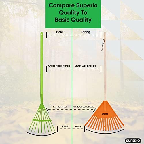 Orange Kids Size Rake, Kids Rake for Lawn with Hardwood Handle, Durable Plastic Head to Sweep Leaves on Lawn and Tidying Up The Garden, 34" by Superio