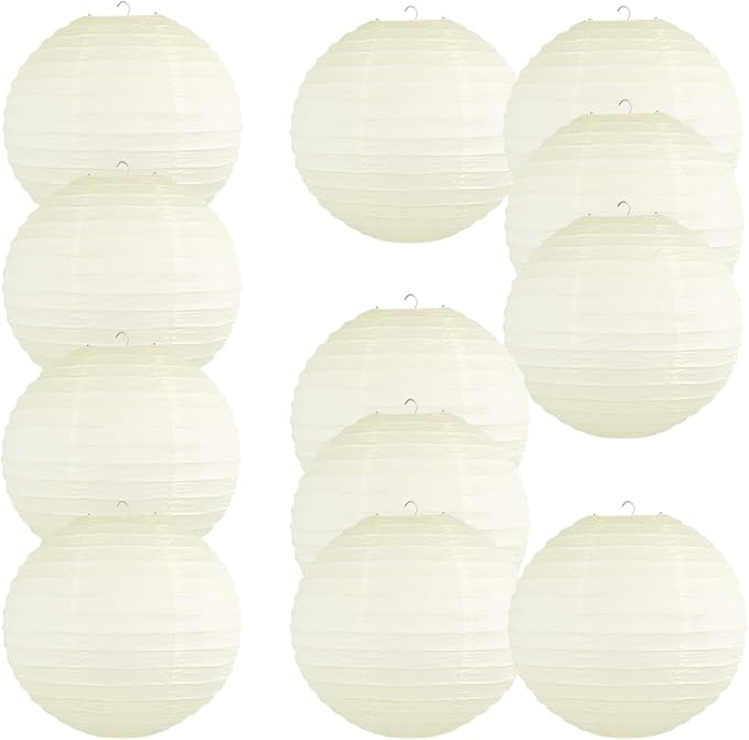 Chinese Style Paper Lanterns, Set of 12, Suitable for Party Decoration (Ivory, 12in)