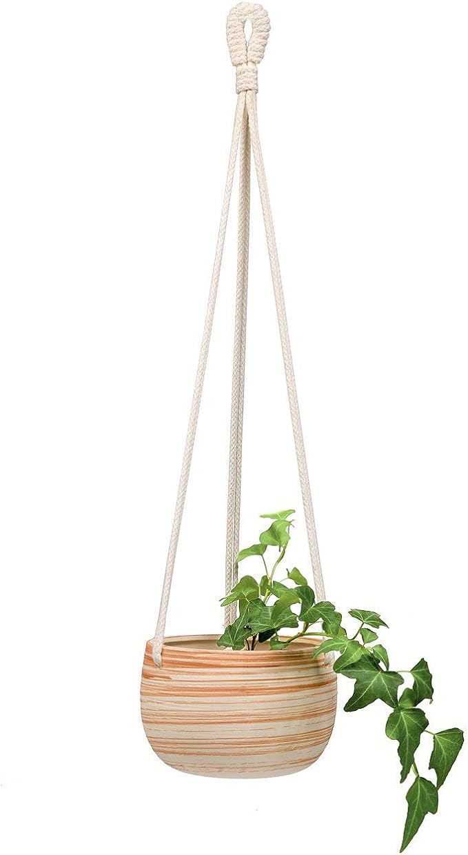 Mkono Ceramic Hanging Planter Macrame Plant Holder 5 Inch Cute Succulent Cactus Pot with Cotton Rope Hanger for Indoor Outdoor Decor, 1 Pack