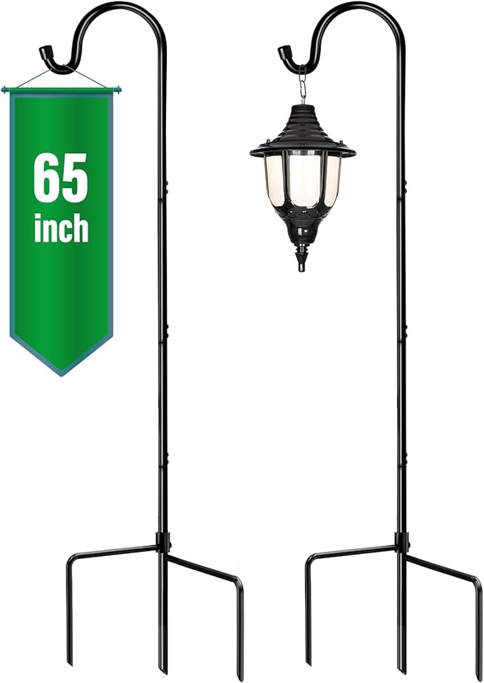GOFORWILD Shepherd’s Hooks 2 Pack Black, 65 inches Tall, Adjustable Garden Hook for Outdoor, Hanging Plant, Solar Lights, Lanterns, Bird Feeders, Garden Stake and Wedding Decor, 7015