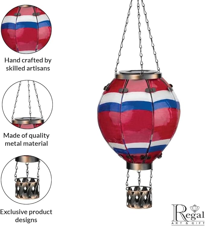 Regal Art & Gift Hot Air Balloon Solar Lantern – Hanging Solar-Powered LED Lights, Waterproof Portable Decorative Outdoor Lamp Made of Metal & Glass for Garden, Patios & Pathway – Stripe (Large)