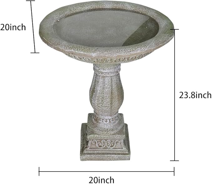 SunJet 23.8” H x 20” Dia Outdoor Birdbath with Exquisite Carvings Pedestal - Fibre Reinforced Concrete Birdbaths, Neoclassical Style Design for Garden Decor & Bird Attraction