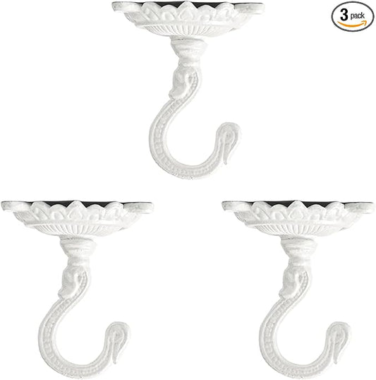 Sungmor Heavy Duty Ceiling Hooks - 3PC White Cast Iron Antique Decorative Hooks for Hanging Plants, Planters, Wind Chimes, Lanterns