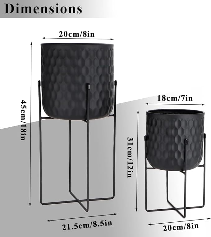 TRIROCKS Set of 2 Planters with Stand Indoor Outdoor Metal Plant Stand 8 * 18 &7 * 12 "Modern Planters Flower Pots for Living Room Corner Kitchen Office Garden Balcony Patio Decor(Black)