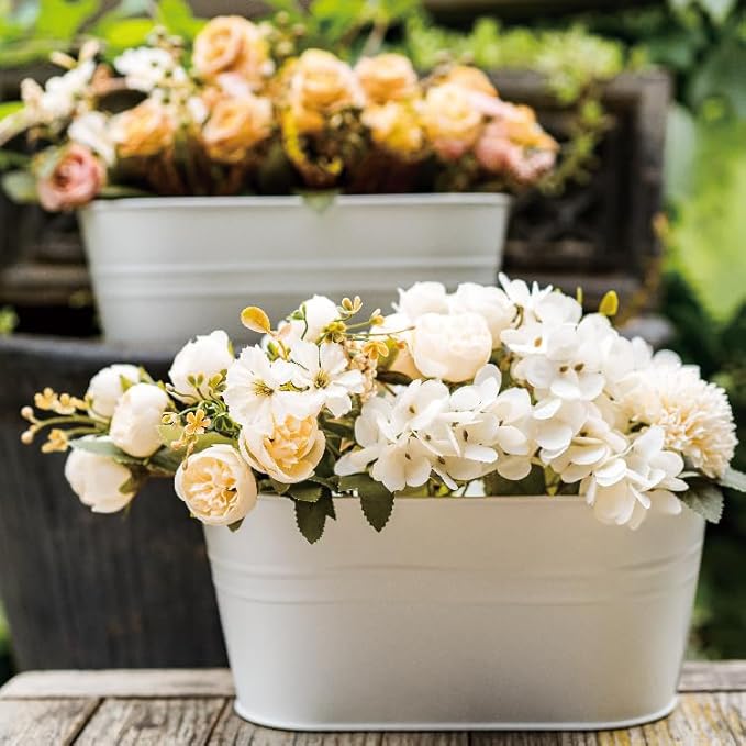 5 Pack Metal Hanging Flower Pots for Railing Fence，Outdoor Balcony Rail Planter with Garden Tools Detachable Hooks Drainage Holes for Deck Garden Home Decor White