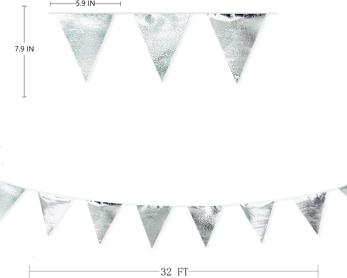 Silver Party Decorations Metallic Fabric Triangle Pennant Banner Silver Flag Bunting Garland for Graduation Birthday Wedding Bridal Shower Anniversary Engagement Bachelorette Party Decoration Supplies