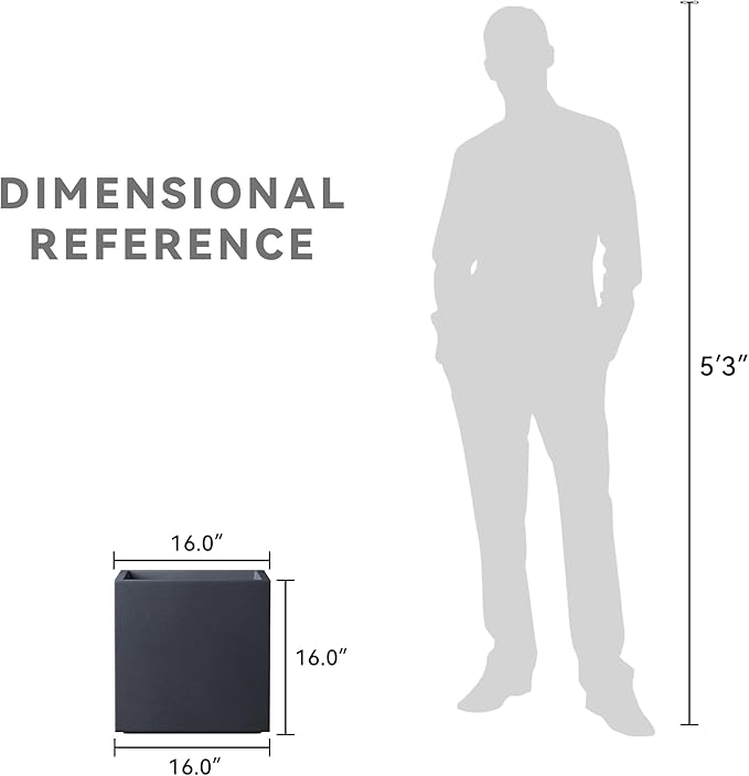 Kante 16 Inch Square Concrete Planter for Outdoor Indoor Home Patio Garden, Large Plant Pot with Drainage Hole and Rubber Plug, Charcoal