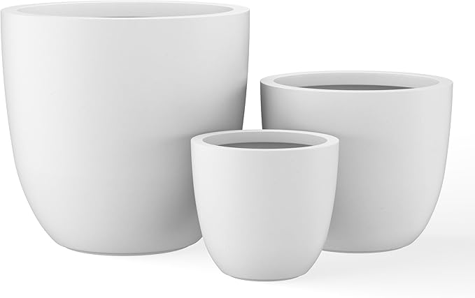 Kante 18",14",10" Dia Concrete Round Planters (Set of 3), Outdoor Indoor Large Planter Pots with Drainage Hole and Rubber Plug for Home Patio Garden, Pure White