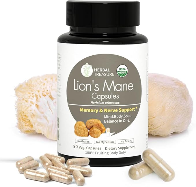 Herbal Treasure Lions Mane Supplement Capsules, 800mg Lions 90 Caps
