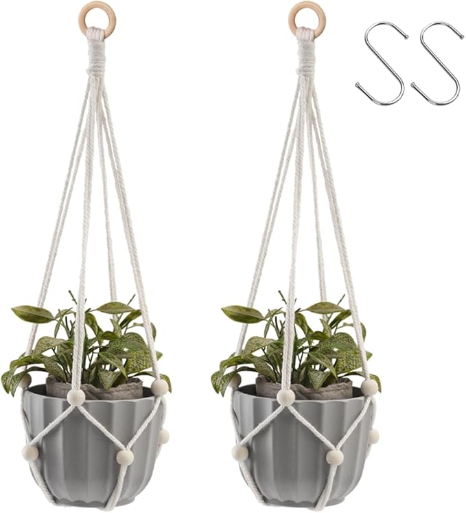 Artilady Hanging Planter for Indoor Plants Macrame Plant Hanger Large Hanging Plant Holder with Adjustable Beads Plants Basket White Rope Boho Plant Wall Decor