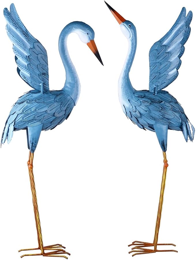 Garden Crane Statue Animal Sculpture Standing Metal Crane Garden Decoration Metal Yard Art for Yard Outdoor Indoor Decoration Set of 2