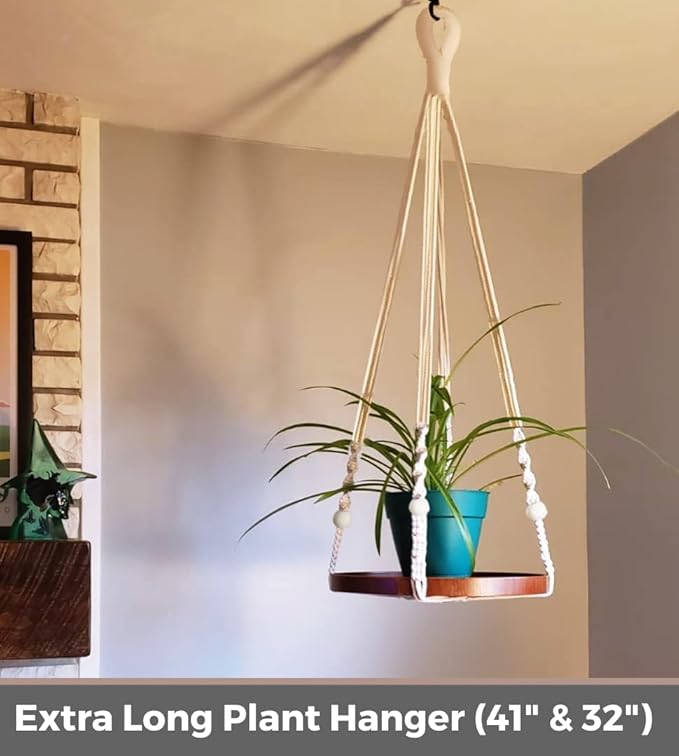 2 Pack Macrame Plant Hanger | Plant Hanger Indoor, Hanging Planter Shelf | Hanging Planter (Beige) (1 Large + 1 Medium)