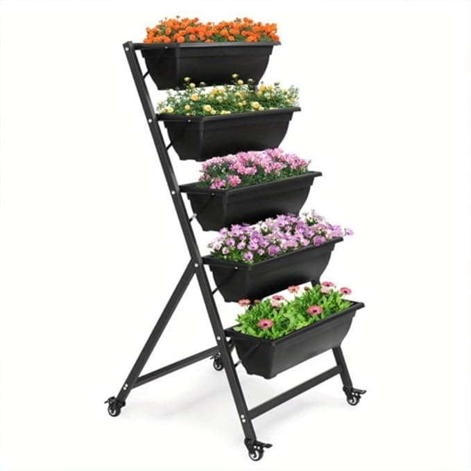 Indoor Outdoor Vertical Garden Planter, 5-Tier Planting Pot, Elevated Garden Planting Bed for Flowers Vegetable Plants, Garden Balcony Lawn, Black
