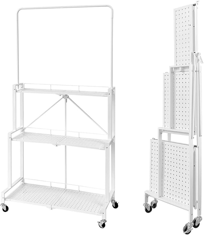 lumizone Foldable 4-Tier Plant Stand Indoor Outdoor Hanging Plant Shelf No Assembly Required Pot Placement Area With Wheels Sturdy Fall Prevention Storage Shelf Flower Pot Stand(4 Tier-White)