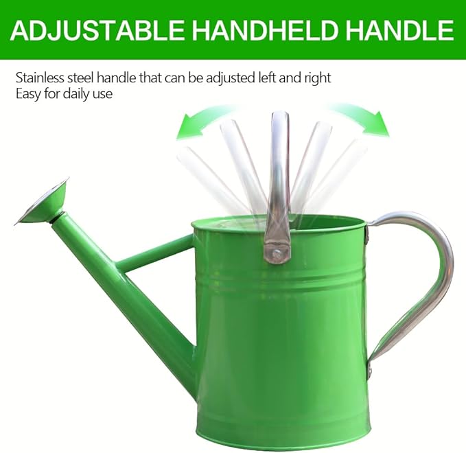 Metal Watering Can, One Gallon Watering Cans Stainless Steel for Outdoor Indoor Garden Plants Watering (Stainless Steel Handle Green)