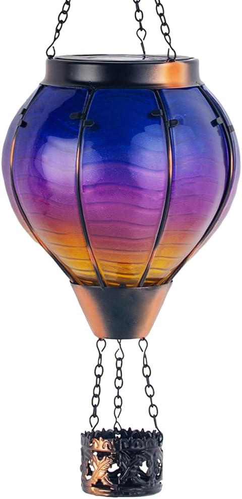 Starsoul Glass Solar Hot Air Balloon Flickering Flame Hanging Garden Light Purple Hot Air Balloon Solar Lantern with Large Basket Waterproof Hot Air Balloon Solar Lamp Decor