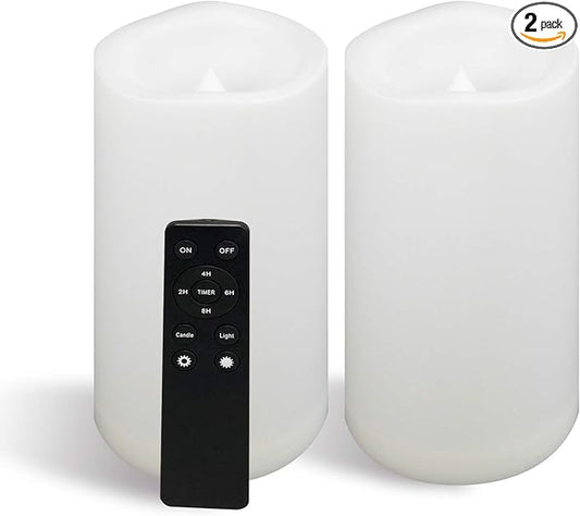 CANDLE CHOICE Large Waterproof Outdoor Battery Operated Flameless Candles Remote Timer 4”(D)x8”(H) Big White Plastic Bright Flickering Electric LED Pillars Lantern Patio Garden Wedding Decoration 2PCS