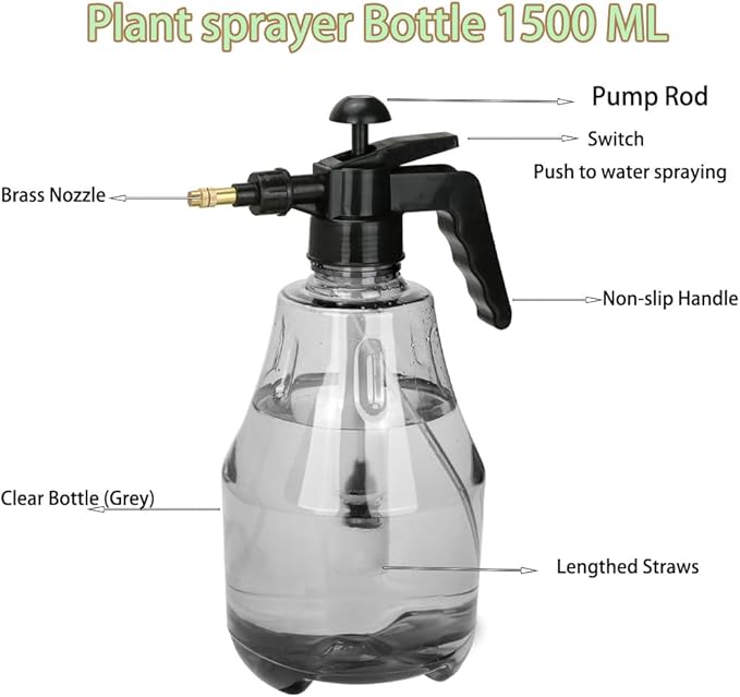 Garden Sprayer 2 Pack, Handheld Garden Pump Sprayer, 50 oz Gallon Lawn & Garden Pressure Water Spray Bottle with Adjustable Brass Nozzle, for Plants and Other Cleaning Solutions(1.5L Grey)