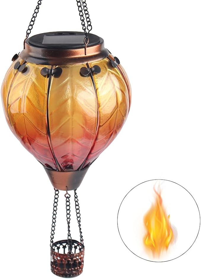 Hot Air Balloon Solar Lantern with Flickering Flame Hanging Solar Lanterns Outdoor Lights Waterproof Lanterns Decorative Garden Patio Yard Party Decor Yellow
