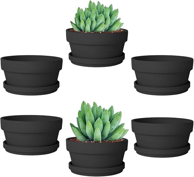 vensovo 4.5 Inch Black Terracotta Shallow Succulent Pots - 6 Pack Terra Cotta Clay Pot with Saucer, Cacuts Indoor and Outdoor Planters with Drainage Hole