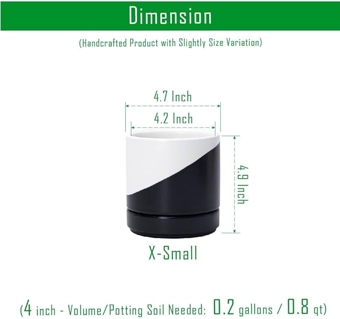 D'vine Dev 4.6 Inch Ceramic Planter Pot with Drainage Hole and Saucer, Indoor Cylinder Round Planter Pot, Oblique Monochrome Black and White, 94-O-B-K