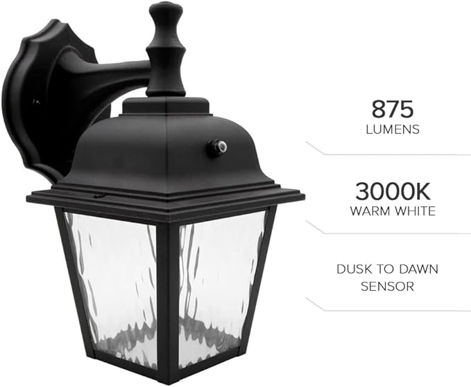 Maxxima LED Porch Lantern Outdoor Wall Light Fixture - Black, Clear Water Glass, Photocell Sensor, 875 Lumens, 3000K Warm White, Dusk to Dawn Light Sensor, Exterior Decorative Light