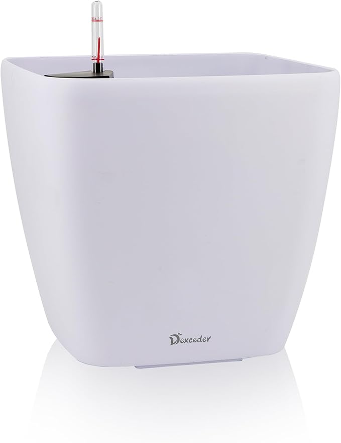 Dexceder 15x14 Self Watering Planter with Wheels Indoor Outdoor, Inner Mat Design, Thickened Large Floor Standing Flower Plant Pot with Water Level Indicator (White Matte)