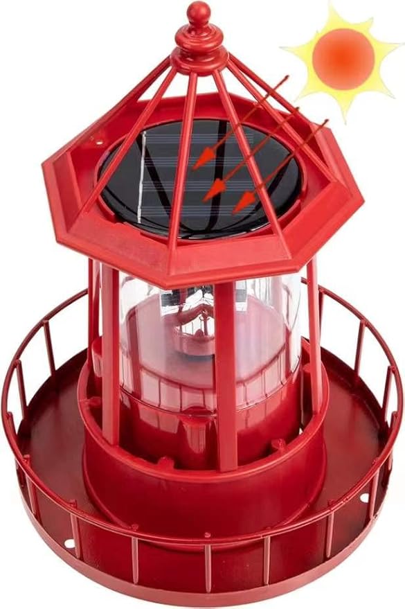 LED Solar Powered Lighthouse, 360 Degree Rotating Lamp Courtyard Decoration Waterproof Garden Smoke Towers Statue Lights for Outdoor Patio Garden Pathway