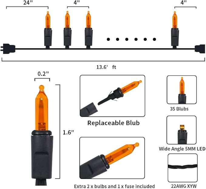 Orange LED Halloween Lights - 35 Count Orange Christmas String Lights for Small Tree, Crafts, Holiday, Indoor/Outdoor Halloween Decorations, 11 Feet Black Wire, UL Certified, Connectable