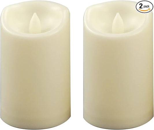 Waterproof Outdoor Battery Operated Flameless Pillar Candles with Timer White Plastic Realistic Flickering Fake Electric LED Lights for Lantern Garden Wedding Christmas Decorations 3”x5” 2 PCS
