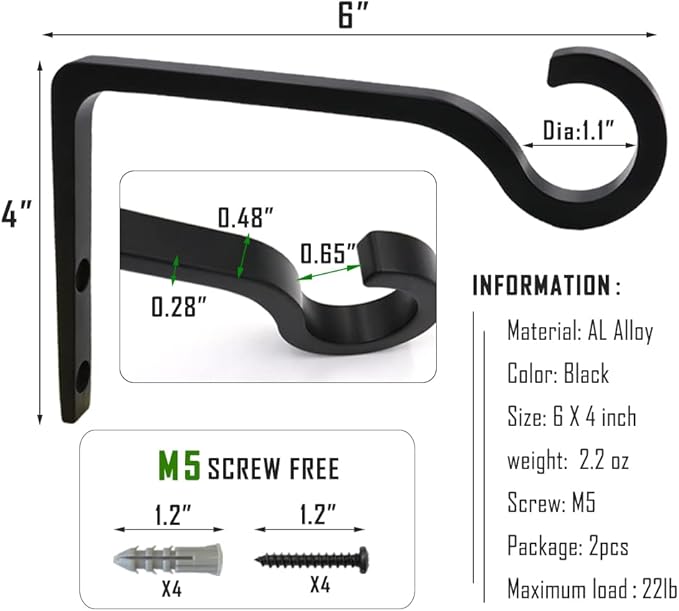 Hanging Plant Bracket 6inch Metal Plant Hook Shepherds Hook Decorative Wall Plant Hanger for Hanging Lanterns, Bird Feeder, Flower Basket, Home Decor Indoor & Outdoor 2 Pack (Black)