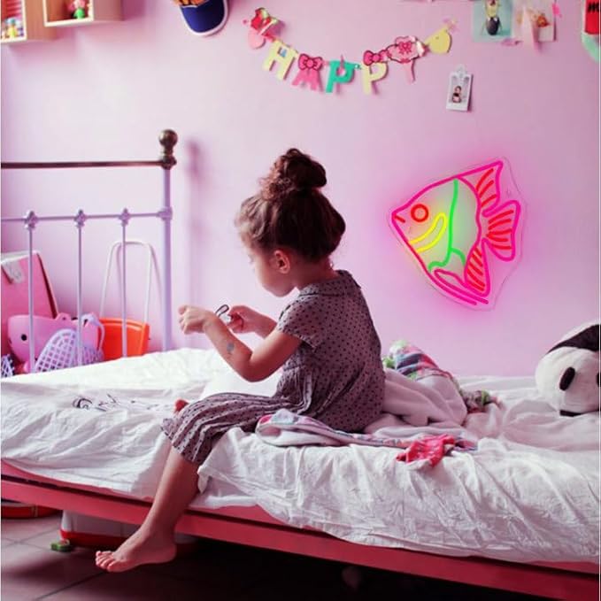 Fish Neon Sign Colorful Fat Headed Fish Neon Light Dimmable LED Neon Light for Wall Decor USB Powered Animal Light Up Sign for Bedroom Ocean Museum Boys And Girls Gifts