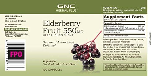 GNC Herbal Plus Elderberry Fruit 550mg, 100 ea